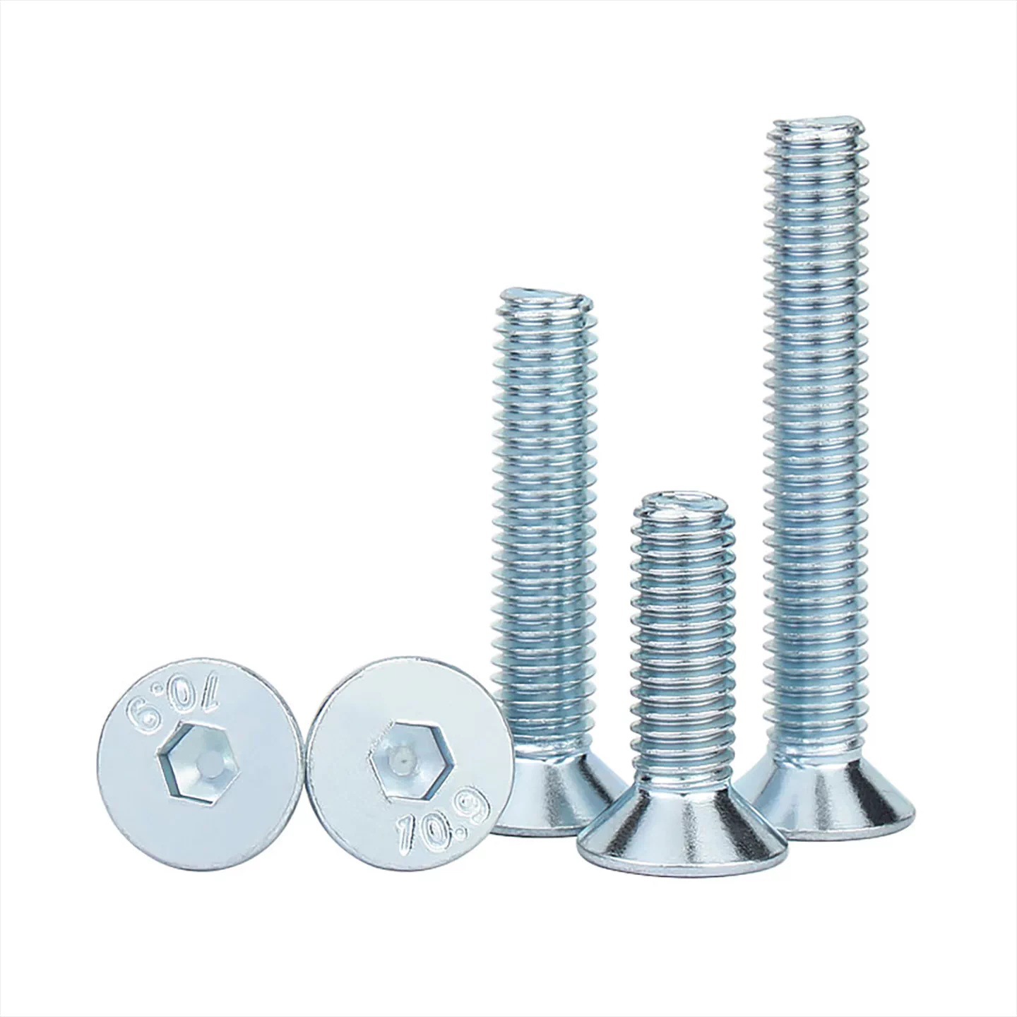 High-strength blue-white zinc plated grade 4.8, 8.8, 10.9, 12.9 flat head socket cap screw DIN 7991