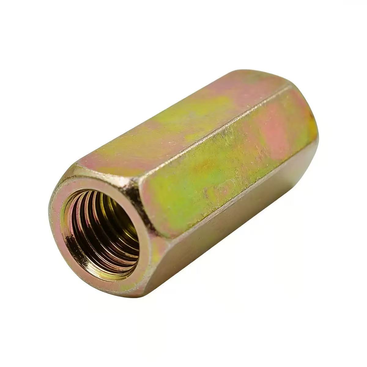 High-strength yellow zinc plated, grades 4, 8, 10, 12, long hexagon connecting nut DIN 6334