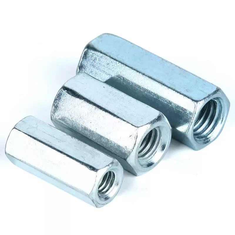 High-strength blue-white zinc plated, grades 4, 8, 10, 12, long hexagon connecting nut DIN 6334