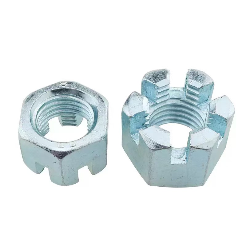 High-strength blue-white zinc plated property class 4, 8, 10, 12 slotted nuts DIN 935